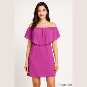 JM Collection Off-The-Shoulder Flounced Magenta Dress